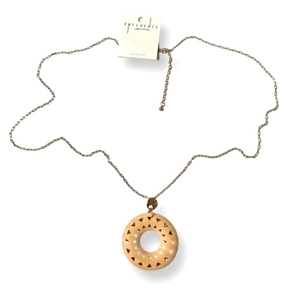 Round Laser Cut Wood Necklace Long Link Chain Gold Tone - Picture 2 of 9